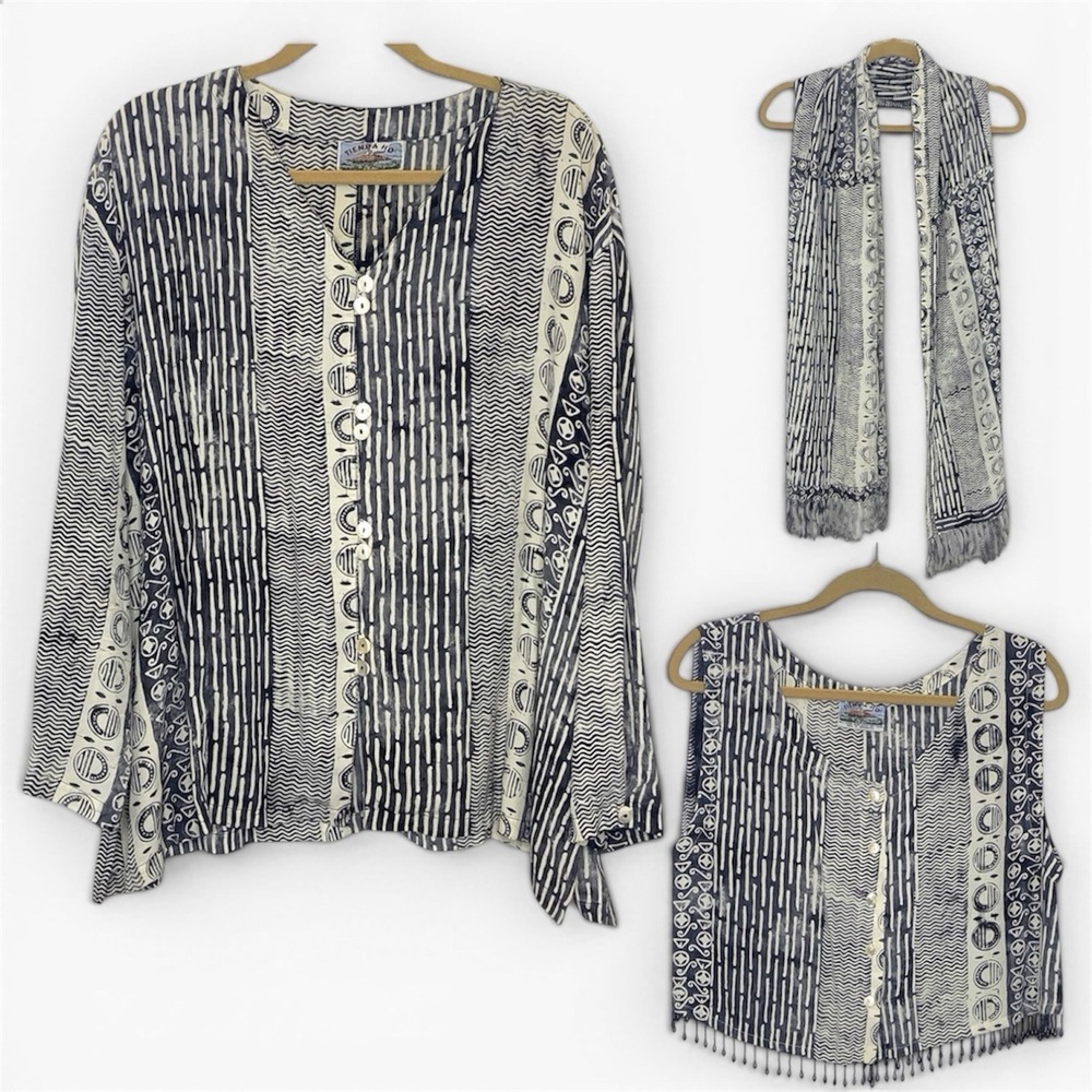 Tienda Ho 3-Piece Boho Set Top Vest Scarf Button Front Women's OS Lagenlook